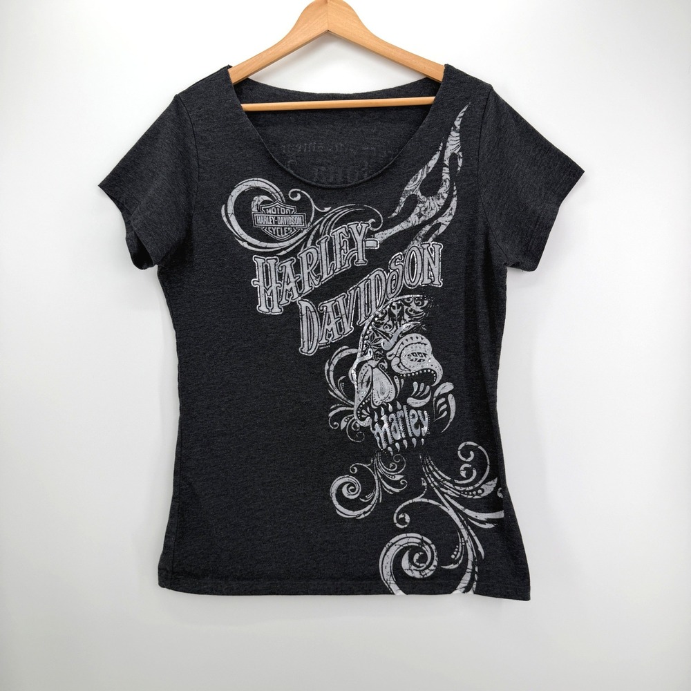 Harley Davidson T-Shirt Women *L Gray Biker Sugar Skull Daytona Beach Graphic